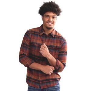 ONeill Hagler Brushed Flannel Shirt XL Orange Navy Blue Plaid Cotton Button Up